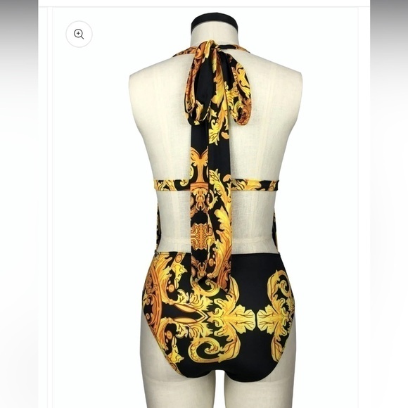 Orange, Yellow and black one piece low V cut Swim suit size Large - Picture 4 of 11